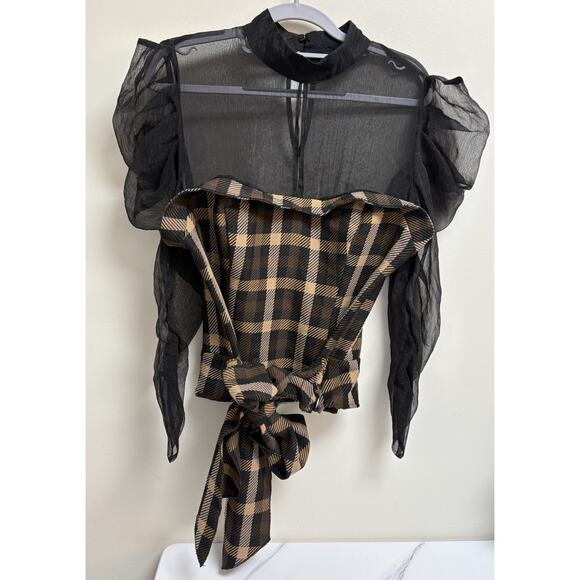 New York & Company Women's sheer Black Mesh Plaid Tie Front Blouse Top M Medium - Picture 1 of 8